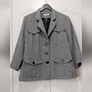 Dressbarn Gray Blazer with Classic Lapel and Three-Quarter Sleeves 100% Linen